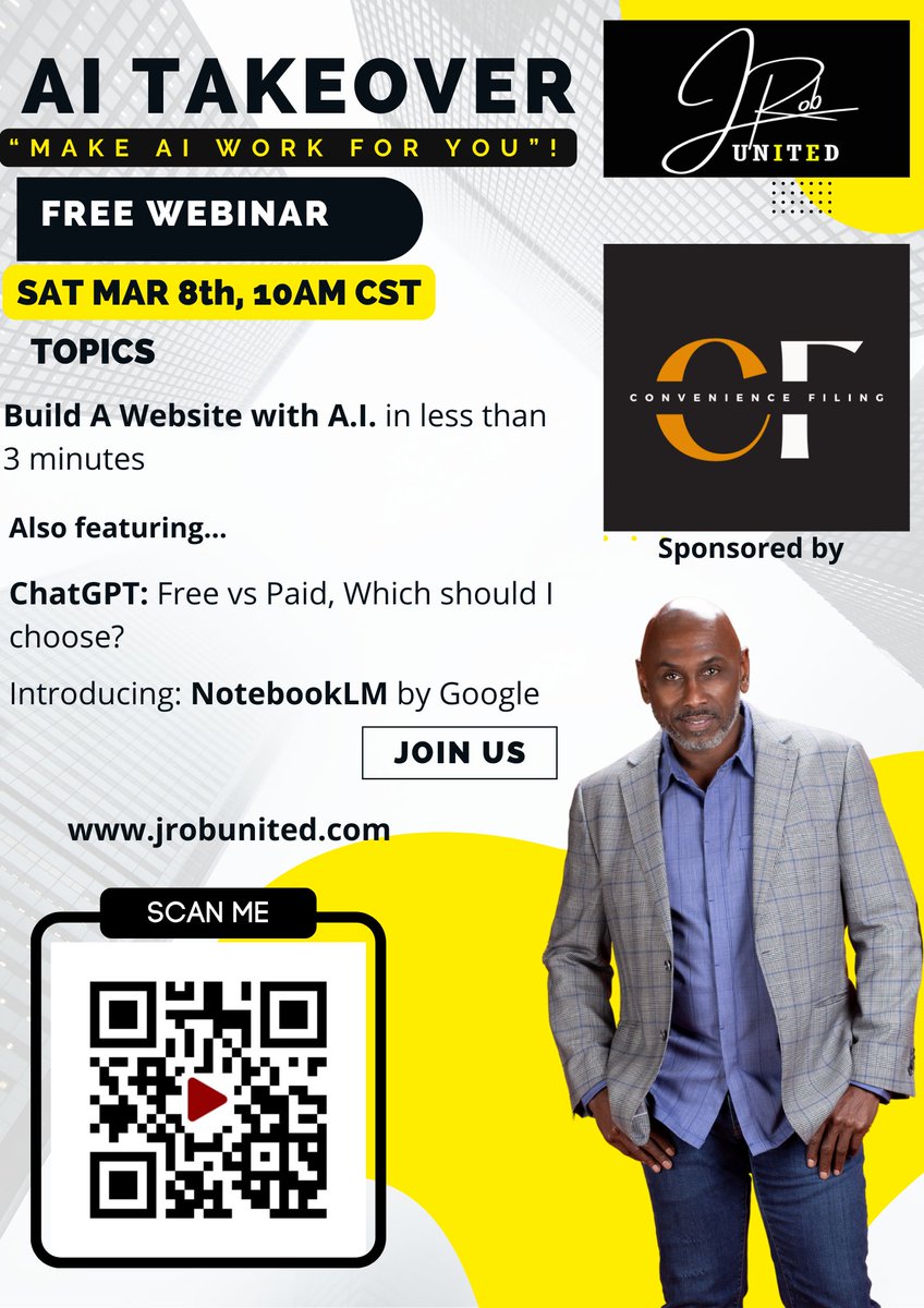 🌟 Tomorrow Is the Day!!!! 🌟
The AI Takeover Webinar Series returns March 8th at 9:30 AM CST with "CREATE A WEBSITE IN 3-MIN WITH AI!" 💻✨ No coding skills needed! We’ll show you how to launch a website effortlessly using AI tools. 🔗 Register now – jrobunited.com