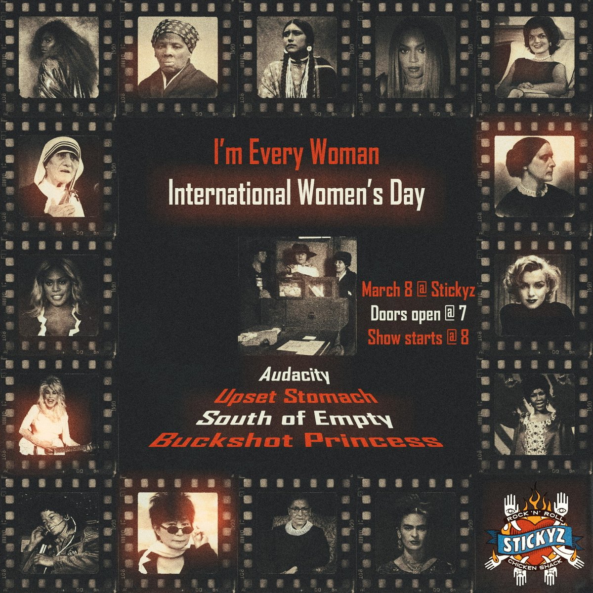 Solid lineup here on Saturday for our International Women's Day concert! Come on out and support PLUS an added bonus as Stickyz' own Katie Hooten has recently joined Buckshot Princess Band and we can't wait to see it!