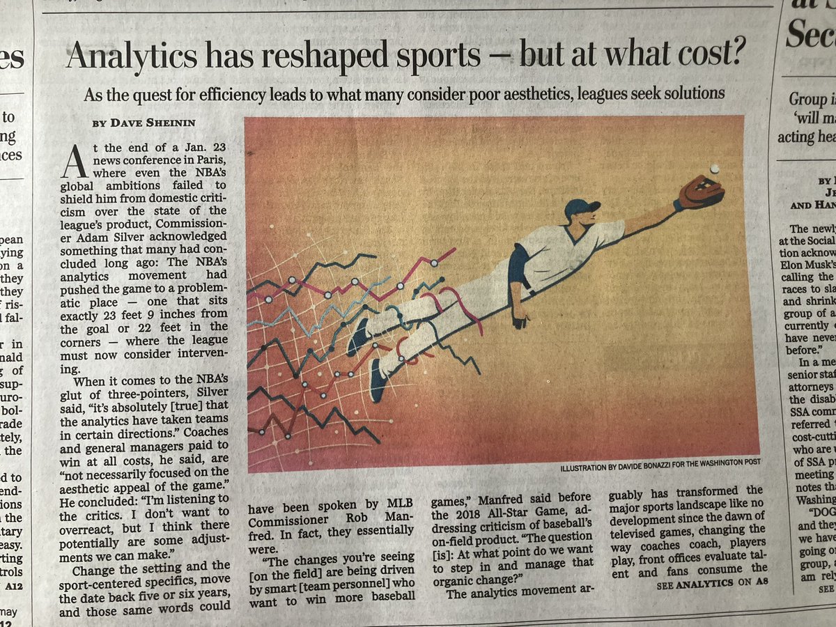 Dan Diamond (@ddiamond) on Twitter photo Thought this front-page story by <a href="/DaveSheinin/">Dave Sheinin</a> raises some good, difficult questions about how analytics have optimized sports teamsā performance ā with more home runs, more three-pointers, etc ā but turned off fans. Thought this front-page story by <a href="/DaveSheinin/">Dave Sheinin</a> raises some good, difficult questions about how analytics have optimized sports teamsā performance ā with more home runs, more three-pointers, etc ā but turned off fans.
