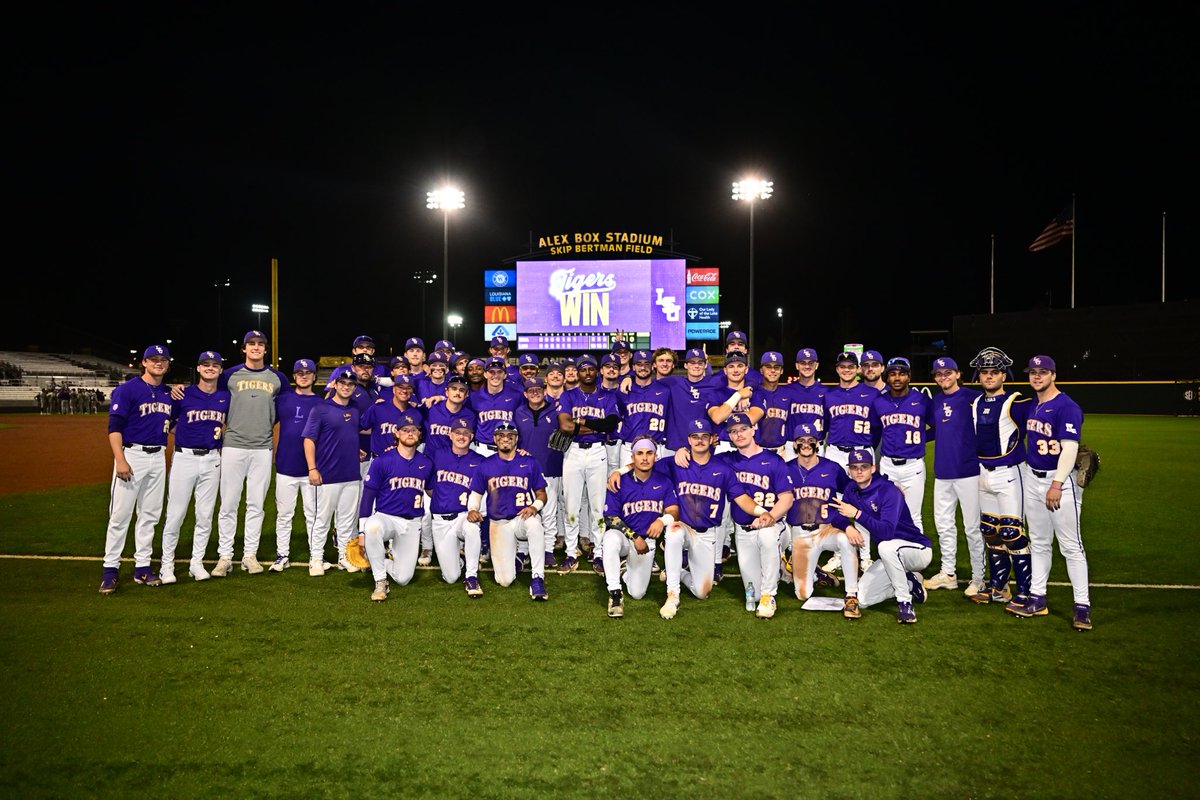 LSUCoachJ's tweet photo. 13-2 Tigers! Great crowd tonight! Game has been moved up to 12 noon tomorrow, see you there! https://t.co/nhbloWJtHy