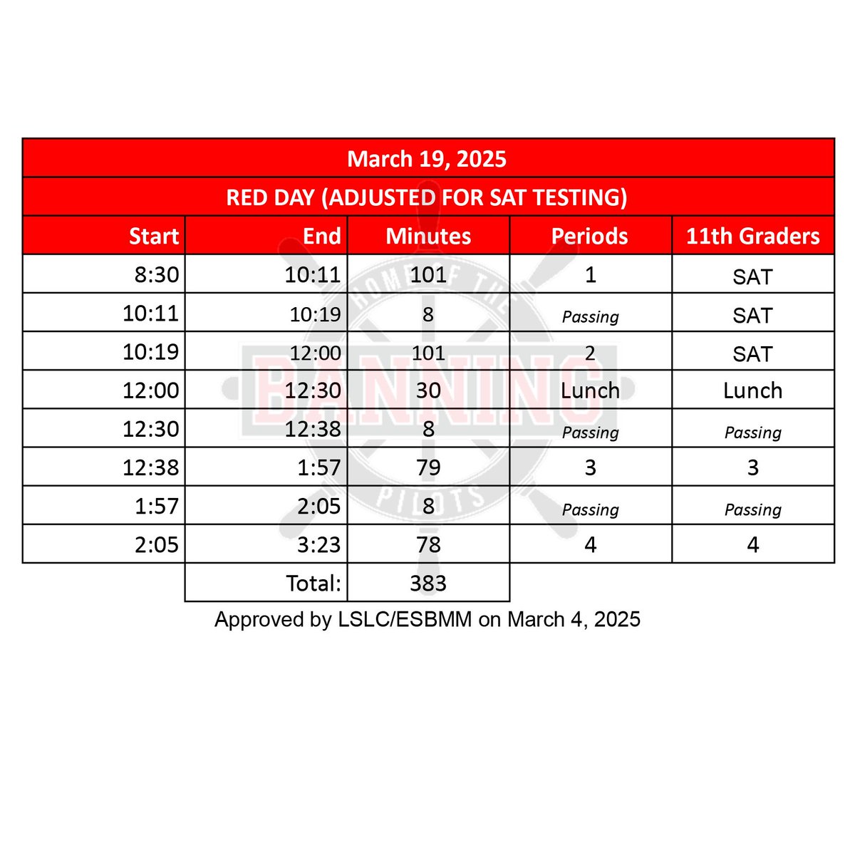 Please note the adjusted bell schedule for March 19th. Grade 11 students will take the SAT from 8:30 am - 12:00 pm, while Grades 9, 10, and 12 will attend their regularly scheduled classes with adjusted times.