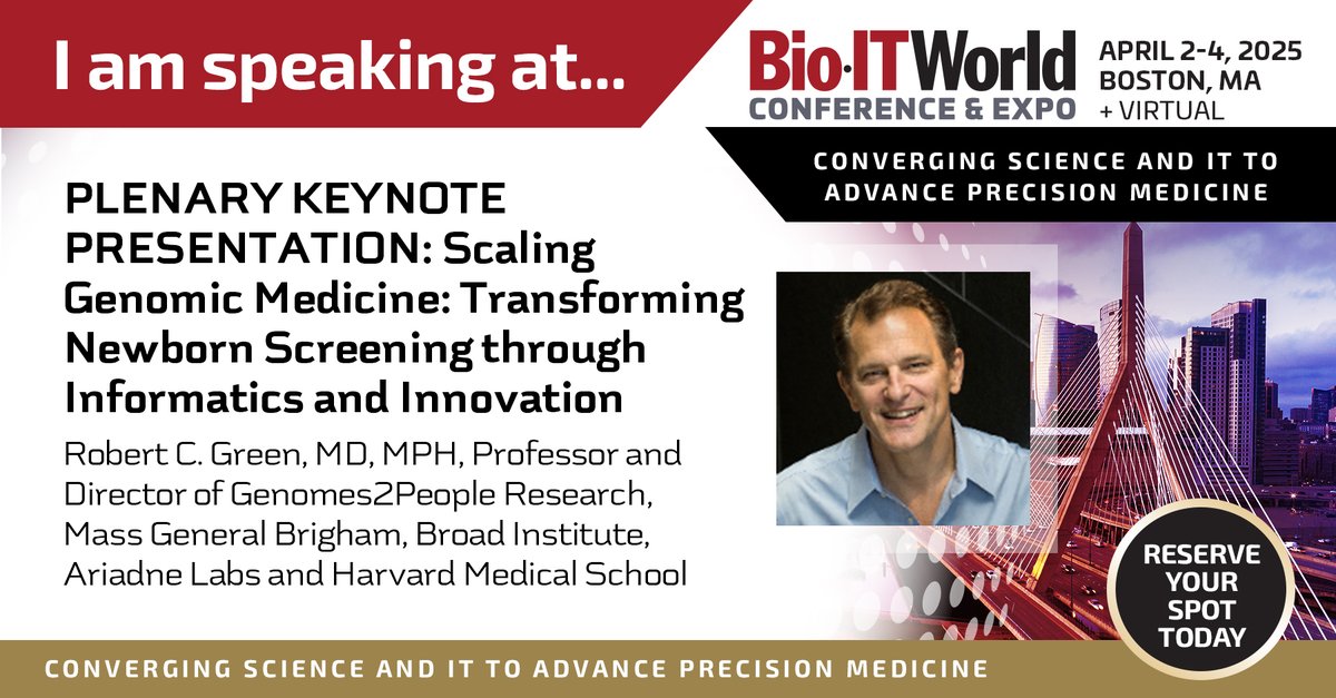 Plenary Keynote at Bio-IT World 2025: Scaling Genomic Medicine

Join us at #BioITWorldExpo for an inspiring Plenary Keynote Presentation by Dr. Robert C. Green, a leading expert in genomic medicine.

"Scaling Genomic Medicine: Transforming Newborn Screening through Informatics