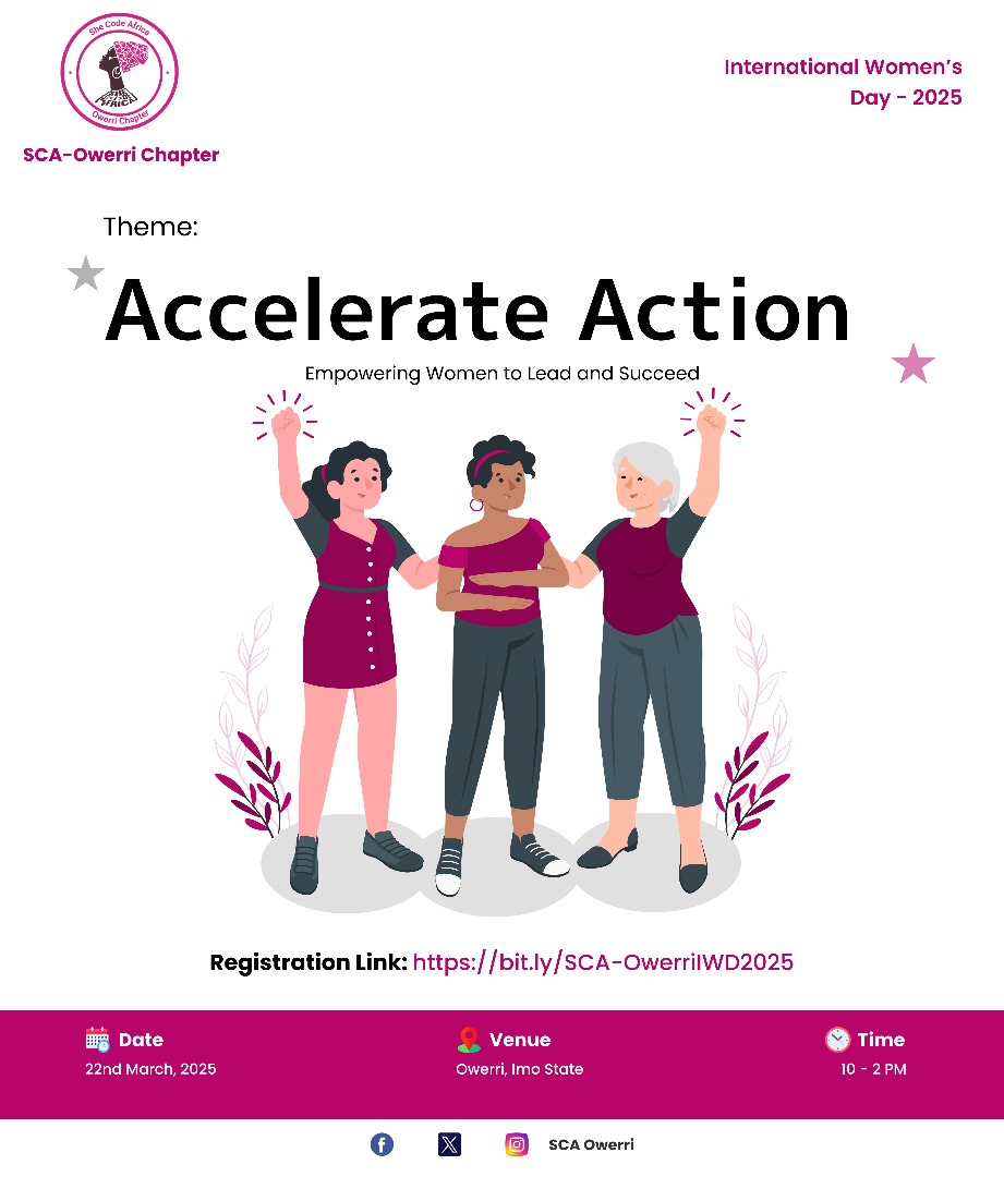 SCA_owerri's tweet photo. Happy International Women’s Day! 
Today, we celebrate the strength, innovation &amp; resilience of women in tech! 
Join us on March 22nd for our IWD event, it's a day of learning, networking &amp; empowerment!
Register now: https://t.co/oKyL4yFrS6
#IWD2025 #WomenInTech #scaowerrichapter https://t.co/lnUp68hxjT