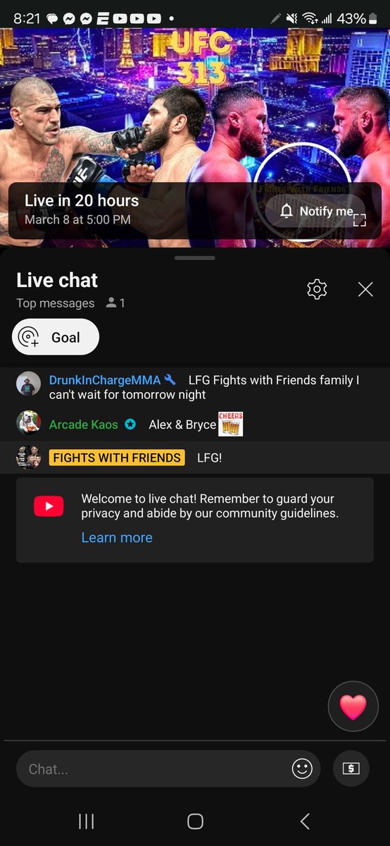fightswfriends's tweet photo. I'm an independent creator that covers cards every weekend. If you could tune in to our live fight reaction tomorrow night I would appreciate it.  Look for Fights with Friends UFC 313 Live Fight Reaction on the t u b e that's for y o u ! #ufc313 #fightswithfriends #mmatwitter https://t.co/tSaGV2Hyjy