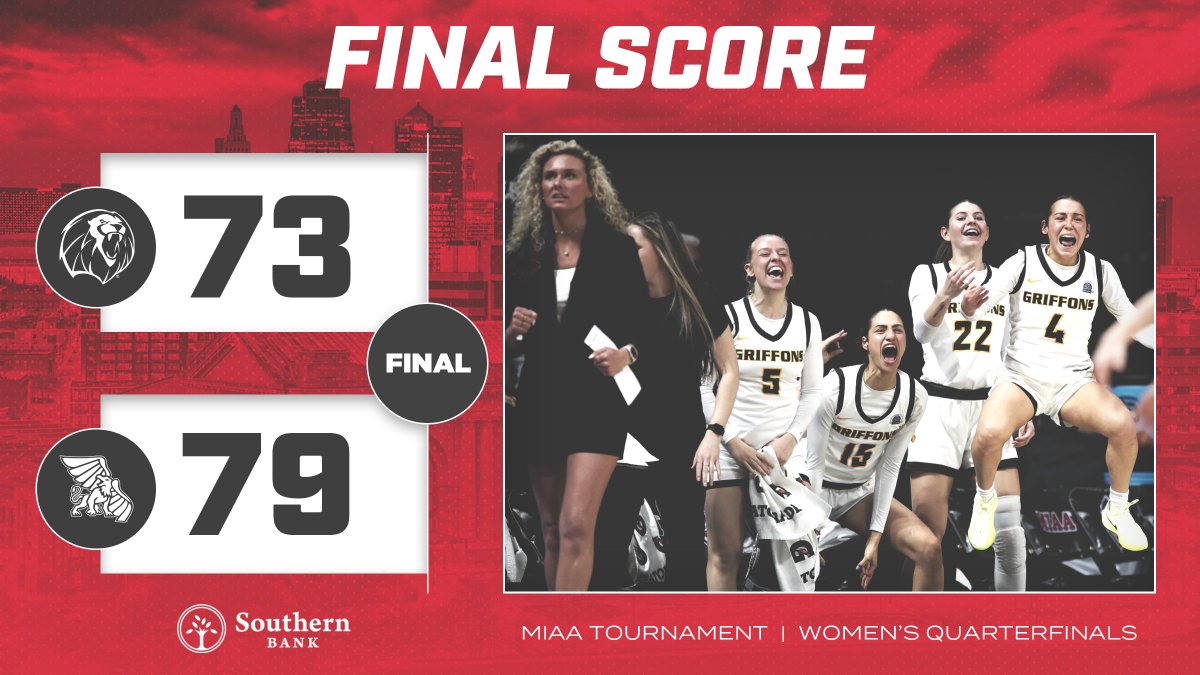 𝑭𝑰𝑵𝑨𝑳 🏀⤵️

No. 3 seed Missouri Western defeats No. 6 seed Arkansas-Fort Smith in the MIAA quarterfinals. 

The Griffons advance to Saturday's semifinals to take on No. 2 seed Fort Hays State at 8:15 p.m. in Municipal Auditorium. 

#MIAAMadness x #BringYourAGame