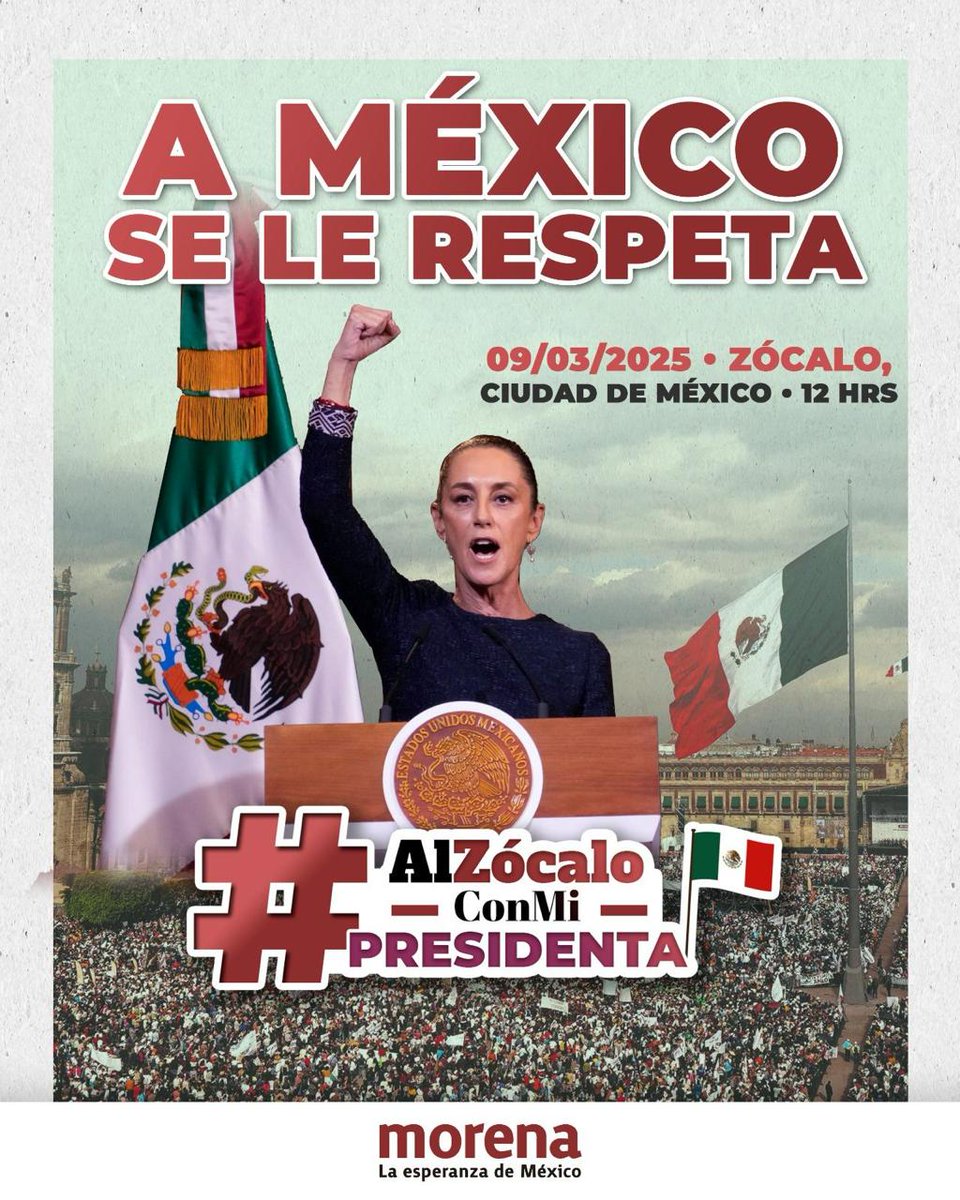 Todas y todos al #Zocalo, este domingo a las 12:00 horas hay que acudir al Zócalo de la Ciudad de México para apoyar la respuesta de la Presidenta <a href="/Claudiashein/">Claudia Sheinbaum Pardo</a>

¡Tenemos mucha PresidentA!