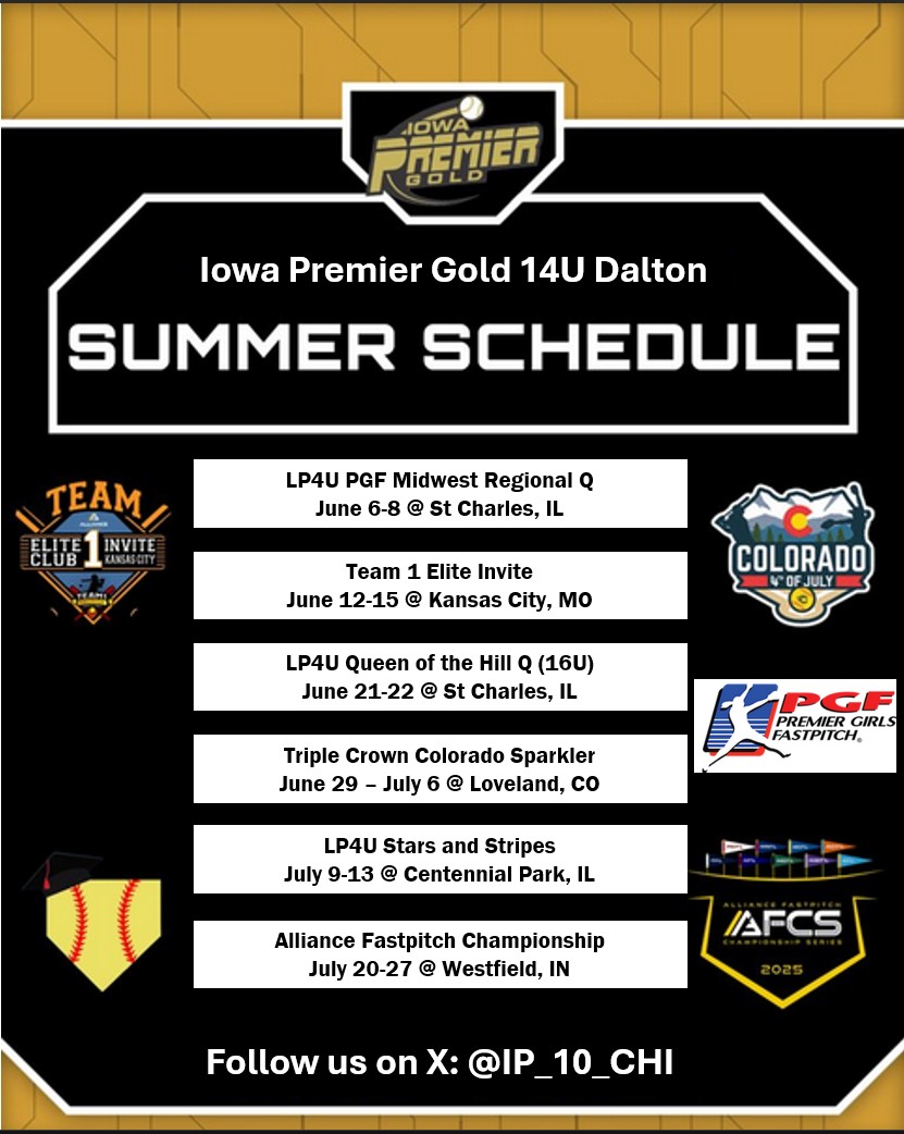 Iowa Premier Gold 14U JD π₯ (@ip_10_chi) on Twitter photo Minor update. Weekend of June 21 will find us in St Charles, IL playing up in the LP4U Queen of the Hill Qualifier 16U pool. <a href="/IowaPremierFP/">Iowa Premier Fastpitch</a> <a href="/DaveBetcher1/">Dave Betcher</a> Minor update. Weekend of June 21 will find us in St Charles, IL playing up in the LP4U Queen of the Hill Qualifier 16U pool. <a href="/IowaPremierFP/">Iowa Premier Fastpitch</a> <a href="/DaveBetcher1/">Dave Betcher</a>
