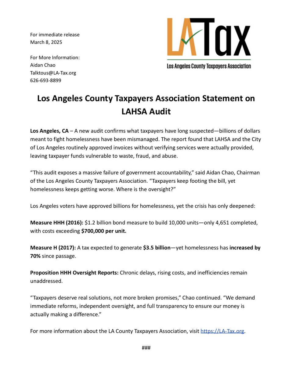 LATaxpayers's tweet photo. #LAHSA audit exposes massive failure of government accountability. Taxpayers deserve real solutions, not more broken promises. @nettermike @jenvanlaar @Ruzbehjon @BizFed @HJTA @CalTax
https://t.co/hMQCDWSfYD https://t.co/BePqSKD6yp
