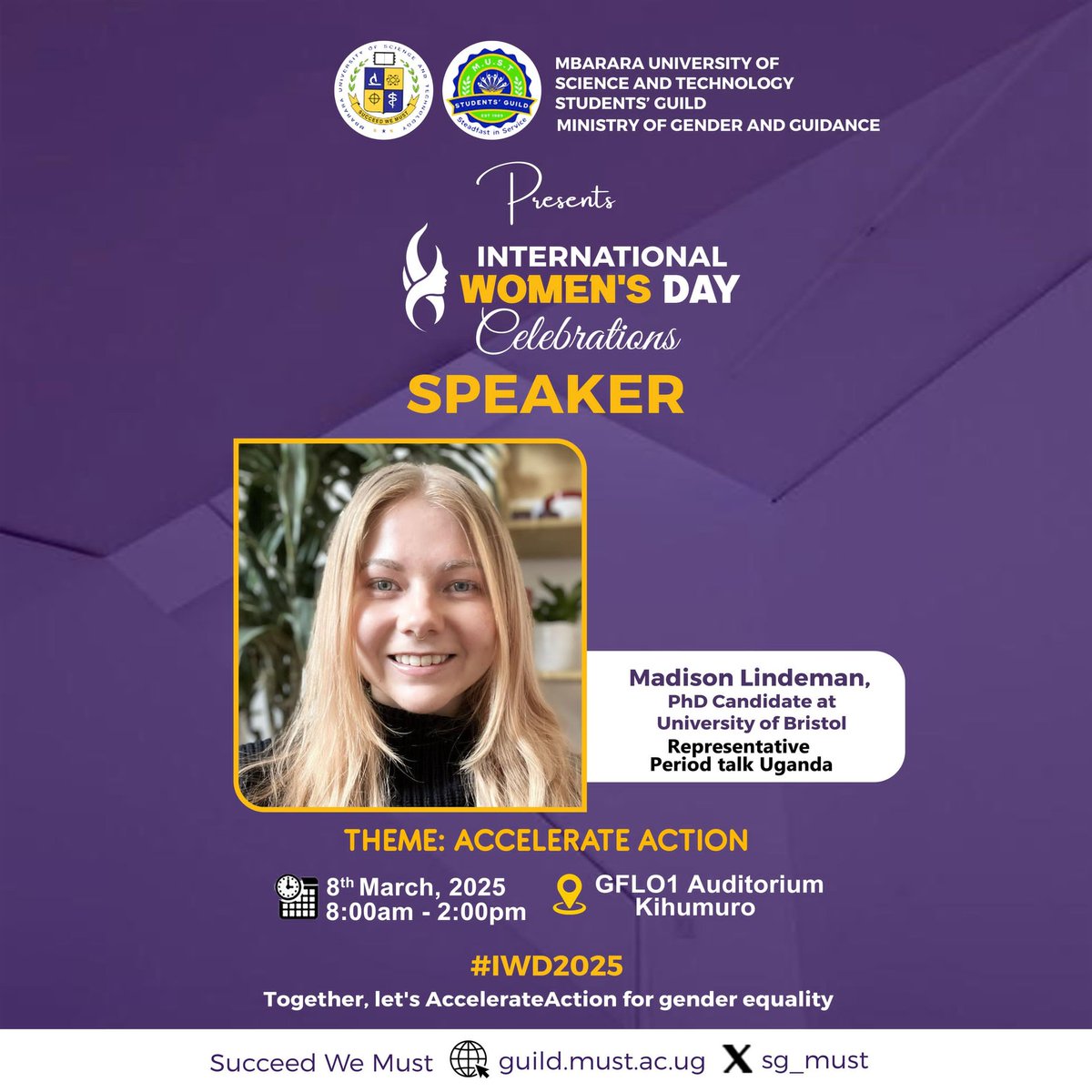 MbararaUST's tweet photo. @MbararaUST presents International Women’s Day 2025

We are honored to host Hon. Atukwasa Rita Bwahika, Woman MP Mbarara City, alongside other distinguished speakers who will inspire and empower us on this special day.

Join us for mentorship, networking, and impactful discussions as we #AccelerateAction for gender equality!

#IWD2025 
#SucceedWeMust