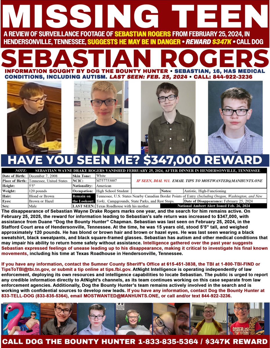 America, We Call on You: Bring Sebastian Wayne Drake Rogers Home

March 7, 2025

For one year and eleven days, since February 25, 2024, 16-year-old Sebastian Wayne Drake Rogers has been missing from his home in Tennessee—a wrenching gap in a nation that promises to shield its