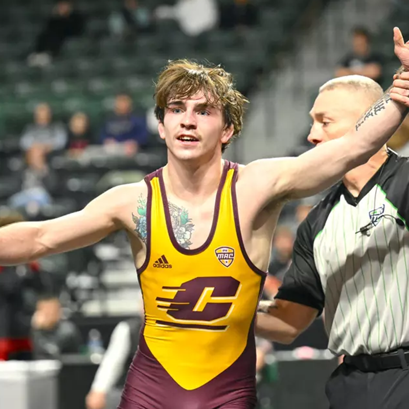 USAWrestling's tweet photo. Central Michigan holds a 13-point lead over Lock Haven with six athletes headed to tomorrow night’s @MACSports Championships finals at CURE Insurance Arena. 

@CMUWrestling | #MACtion