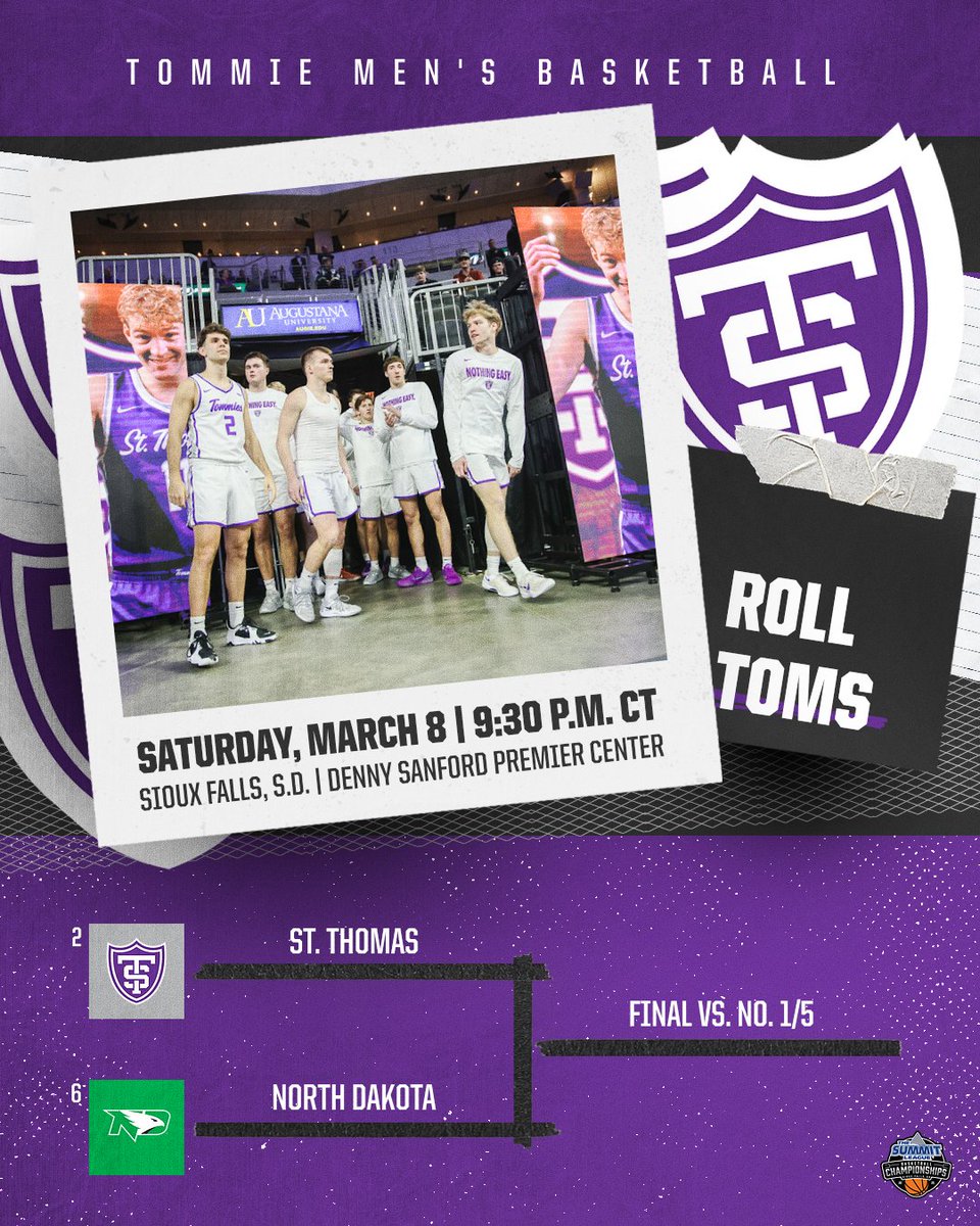 The semifinal matchup is SET

No. 2 Tommies take on No. 6 Fighting Hawks

#RollToms | #March2TheSummit