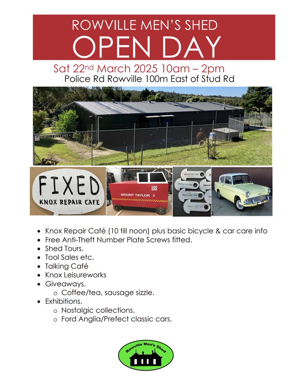Rowville Men’s Shed Open Day March 22nd. Come along and join us to see what we get up to.