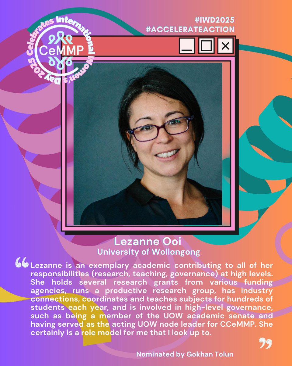 ARC CCeMMP (@ccemmp) on Twitter photo First we have Lezanne Ooi <a href="/NeuralOoi/">Lezanne</a> from the University of Wollongong. 👏
Stay tuned for more in our #CCeMMP #IWD25 series! 🙂
#IWD2025 #WomenInScience #AccelerateAction <a href="/arc_gov_au/">Australian Research Council</a>
<a href="/UOW/">UOW</a> <a href="/MolHorizons/">Molecular Horizons @ UOW</a> First we have Lezanne Ooi <a href="/NeuralOoi/">Lezanne</a> from the University of Wollongong. 👏
Stay tuned for more in our #CCeMMP #IWD25 series! 🙂
#IWD2025 #WomenInScience #AccelerateAction <a href="/arc_gov_au/">Australian Research Council</a>
<a href="/UOW/">UOW</a> <a href="/MolHorizons/">Molecular Horizons @ UOW</a>