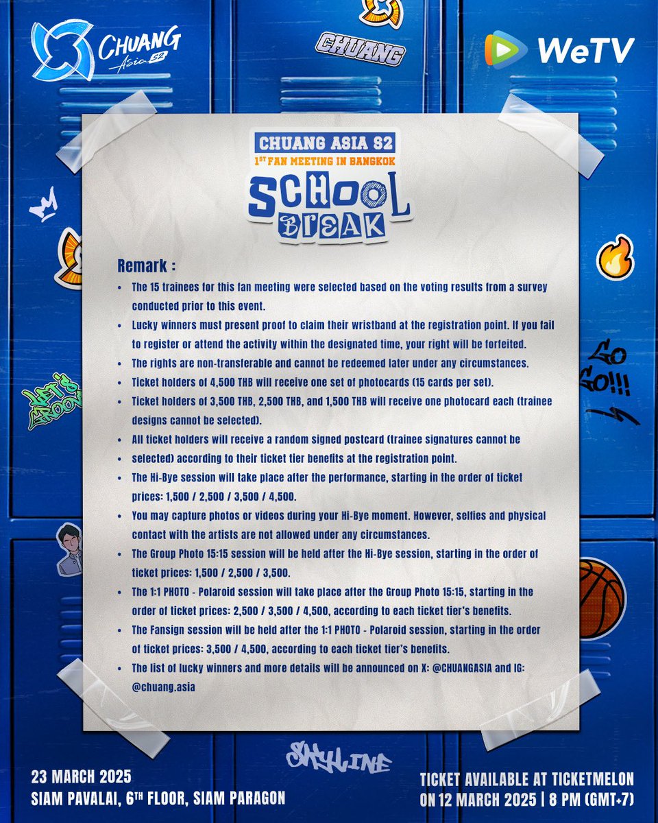 🎟 CHUANG fans, are you ready for the ultimate fan experience? 🔥🔥

Get ready for an unforgettable, heart-racing, and electrifying day with your favorite CHUANG trainees at the 1st CHUANG Asia S2 Fan Meeting in Bangkok! 

💙✨ This is your golden chance to meet them up close,