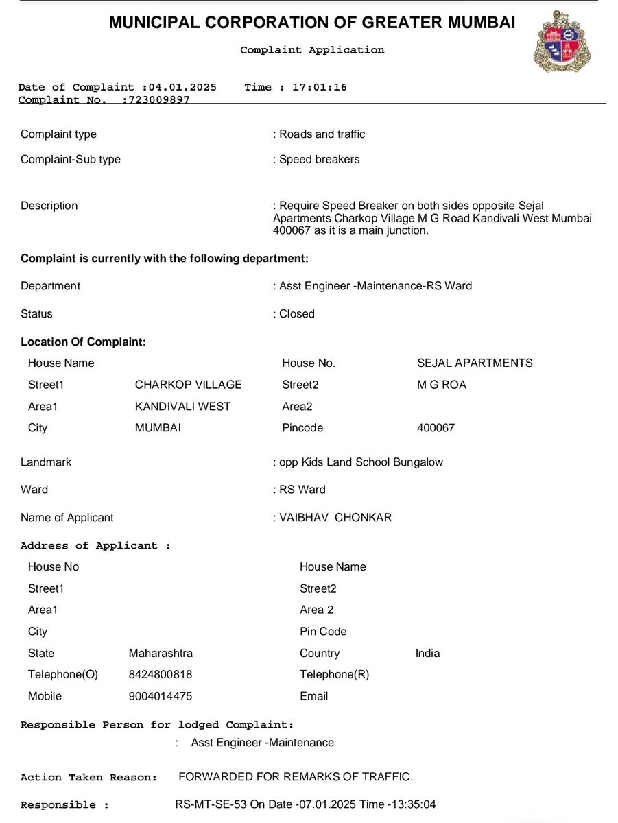 Vaibhav Chonkar (@vaibhavchonkar) on Twitter photo <a href="/MTPHereToHelp/">Mumbai Traffic Police</a> <a href="/NehaWagh/">Neha Wagh</a> Stil no action taken. As per <a href="/mybmcWardRS/">Ward RS BMC</a> the proposal is sent to Worli Traffic office on 29/01/2025 with outward no:30824 and from there it will be sent to local Traffic police for survey. <a href="/MTPHereToHelp/">Mumbai Traffic Police</a> pls look into matter at the earliest. <a href="/MTPHereToHelp/">Mumbai Traffic Police</a> <a href="/NehaWagh/">Neha Wagh</a> Stil no action taken. As per <a href="/mybmcWardRS/">Ward RS BMC</a> the proposal is sent to Worli Traffic office on 29/01/2025 with outward no:30824 and from there it will be sent to local Traffic police for survey. <a href="/MTPHereToHelp/">Mumbai Traffic Police</a> pls look into matter at the earliest.