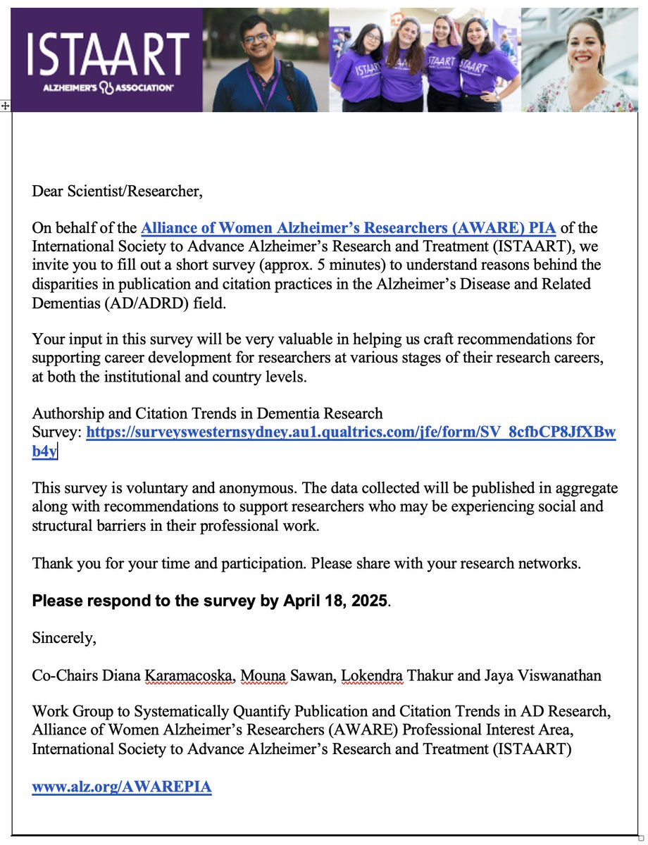 AWAREPIA (@awarepia) on Twitter photo Dear Scientist/Researcher,
Please help us understand reasons behind disparities in publication and citation practices in the Alzheimer’s Disease and Related Dementias field. Please fill out this short 5-min survey by April 18, 2025. Link below👇
surveyswesternsydney.au1.qualtrics.com/jfe/form/SV_8c…
Thank you! Dear Scientist/Researcher,
Please help us understand reasons behind disparities in publication and citation practices in the Alzheimer’s Disease and Related Dementias field. Please fill out this short 5-min survey by April 18, 2025. Link below👇
surveyswesternsydney.au1.qualtrics.com/jfe/form/SV_8c…
Thank you!