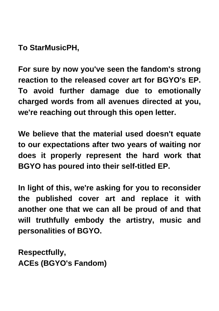 AviaryDavaoACEs's tweet photo. Open Letter for @StarMusicPH

We're asking for you to reconsider the published cover art and replace it with another one that we can all be proud of and that will truthfully embody the artistry, music and personalities of BGYO. 

REVISE BGYOEP COVER
#BGYO @bgyo_ph https://t.co/pWsfNtUa5U