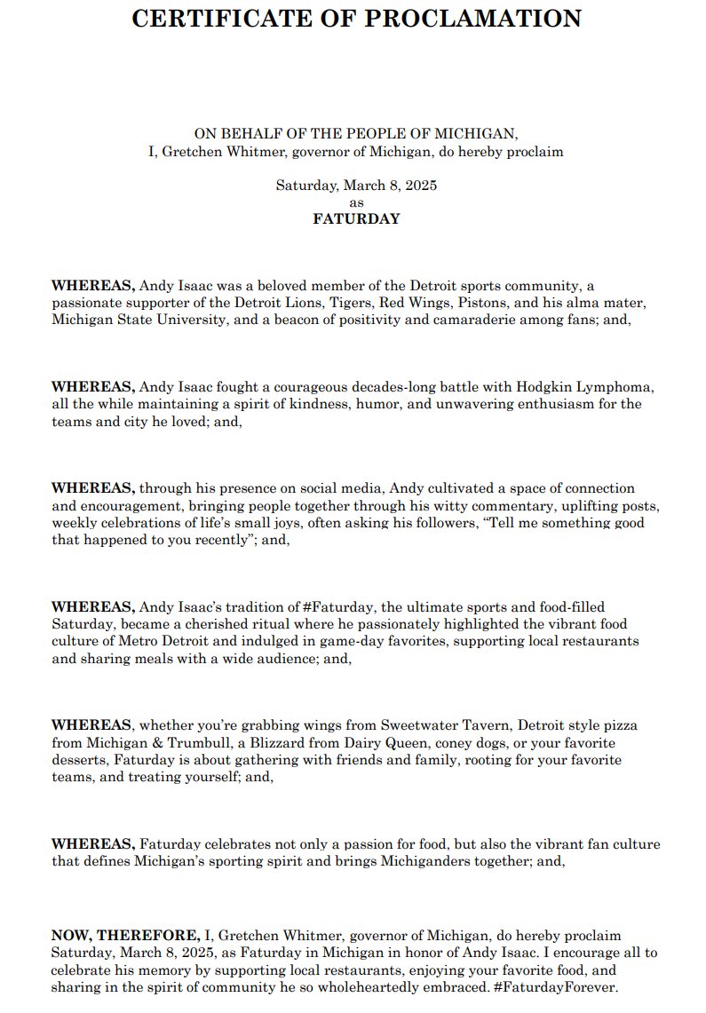 Today, in honor of Andy Isaac (<a href="/WorldofIsaac/">Isaac</a>), it's officially Faturday in the state of Michigan.

Gov. Gretchen Whitmer has proclaimed: