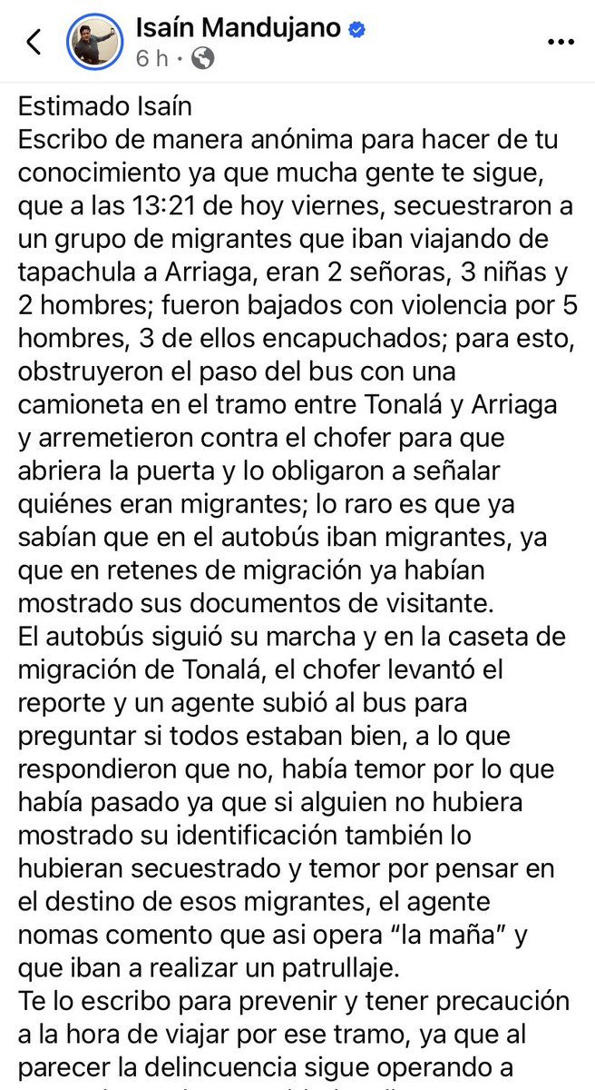 Ruben Figueroa (@rubenfigueroadh) on Twitter photo #Urgente 🚨: a través del periodista chiapaneco <a href="/isain/">Isaín Mandujano</a> Mandujano, denuncian un secuestro masivo de personas migrantes en #Chiapas, #Mexico
Ccp: <a href="/CNDH/">CNDH en México</a> <a href="/CIDH/">CIDH - IACHR</a> <a href="/FGEChiapas/">FGEChiapas</a> <a href="/ramirezlalo_/">Eduardo Ramírez</a> #Urgente 🚨: a través del periodista chiapaneco <a href="/isain/">Isaín Mandujano</a> Mandujano, denuncian un secuestro masivo de personas migrantes en #Chiapas, #Mexico
Ccp: <a href="/CNDH/">CNDH en México</a> <a href="/CIDH/">CIDH - IACHR</a> <a href="/FGEChiapas/">FGEChiapas</a> <a href="/ramirezlalo_/">Eduardo Ramírez</a>