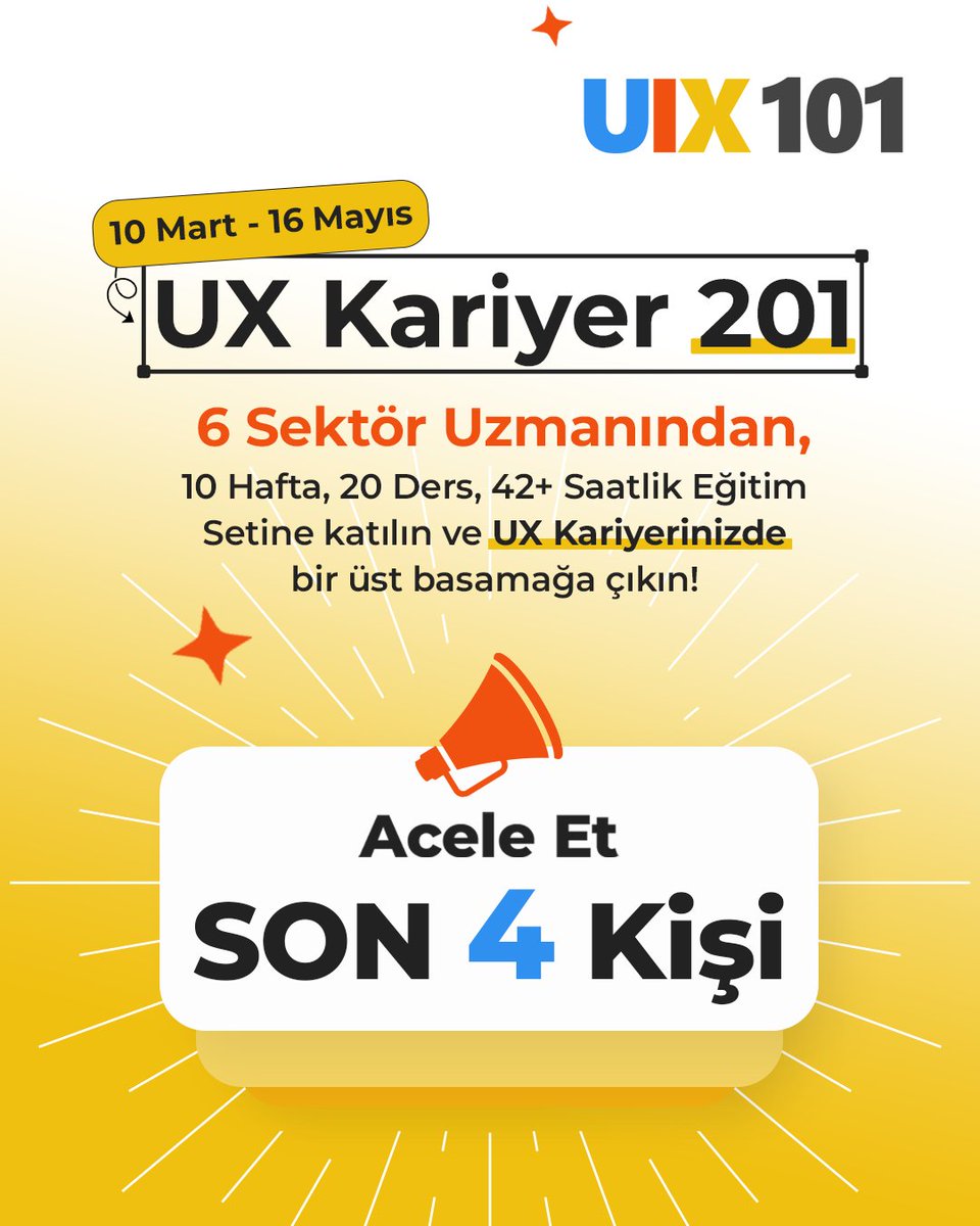 UX Kariyer 201 sınıfı 10 Mart'ta başlıyor 🥳

Detaylar ve ön kayıt 👉  uix101.com/egitimler/canl…