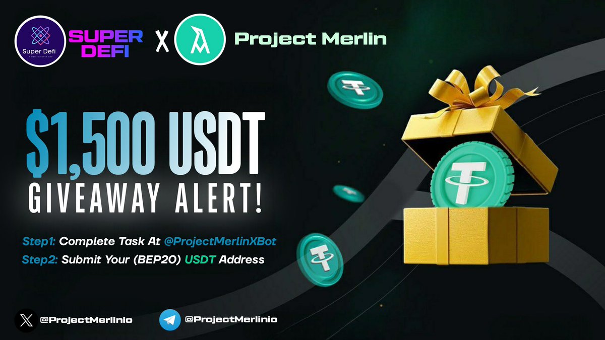 ⚔️ SuperDefi X @Projectmerlinio #Coin #USDT BIG #Airdrop 

🎁 Prize Pool « $1,500 USDT 

✅ Follow 
<a href="/SuperDefi_Dao/">SuperDefi</a> &amp; @Projectmerlinio
✅ Like, RT and Tag 3 Friends 
✅ Complete #AirdropBot all task ⤵️ t.me/ProjectMerlinX…

⏳ End Date :- 18 March.

🙌 #Airdrops #Giveaway
