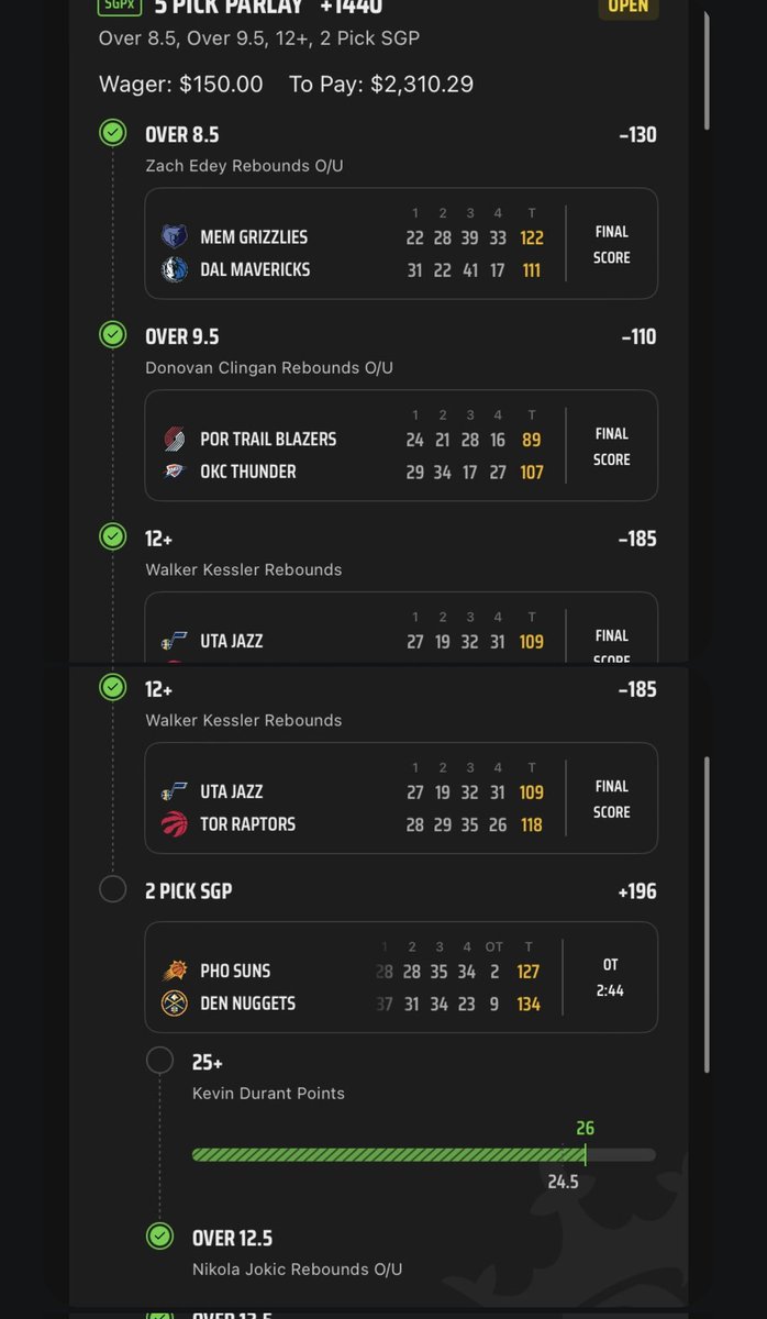 🚨 ANOTHER FADE EVERYONE AI MASTERPIECE! 🚨

💰 $150 ➡️ $2,310.29 on a +1440 Rebound Parlay! 📊🔥

🏀 What did we hit?
✅ Zach Edey Over 8.5 Rebounds
✅ Donovan Clingan Over 9.5 Rebounds
✅ Walker Kessler 12+ Rebounds (TWICE!)
✅ Kevin Durant 25+ Points
✅ Nikola Jokic Over 12.5
