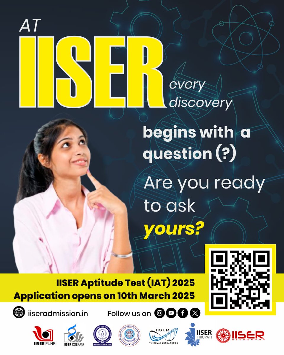 Curiosity fuels discovery! 💡 

At IISER, every breakthrough starts with a question—what will yours be? Because in sciences the right question can change everything! 🔬

To know more: iiseradmission.in

Applications open ➡️ 10th March 2025

#ExploreIISER #IAT2025
