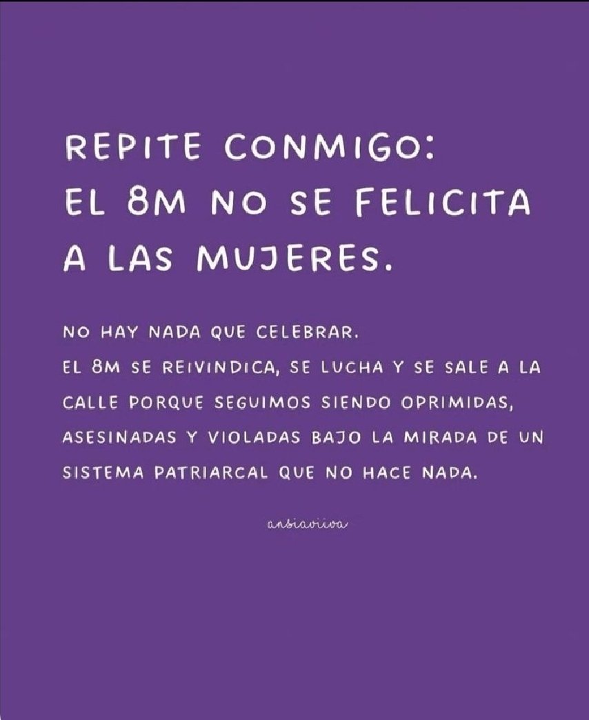 Agustín Martínez 🔻🇪🇦 (@agus_martinez58) on Twitter photo Buenos días a tod@s, especialmente a quienes tienen claro que el #8M no se "felicita" a las mujeres. El 8M es un día de lucha y reivindicación, porque muy lamentablemente las mujeres siguen siendo asesinadas, violadas y explotadas, con la complicidad de quienes tod@s sabemos Buenos días a tod@s, especialmente a quienes tienen claro que el #8M no se "felicita" a las mujeres. El 8M es un día de lucha y reivindicación, porque muy lamentablemente las mujeres siguen siendo asesinadas, violadas y explotadas, con la complicidad de quienes tod@s sabemos