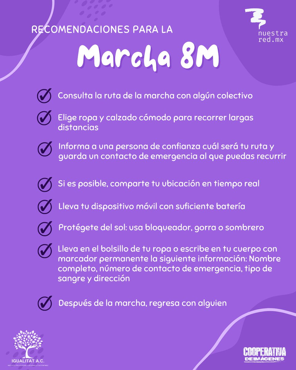 NuestraRedMx's tweet photo. ✨💜 ¡Prepárate para la marcha del #8M! 💜✨
Te compartimos algunos consejos para que marches segura, cómoda y organizada. 💪🏾✨
¡La lucha es colectiva! 💜✊🏾
#8M #NiUnaMenos #MarchamosJuntas #NuestraRedMX #IgnoradasNuncaMás https://t.co/JCouGR8Fwi