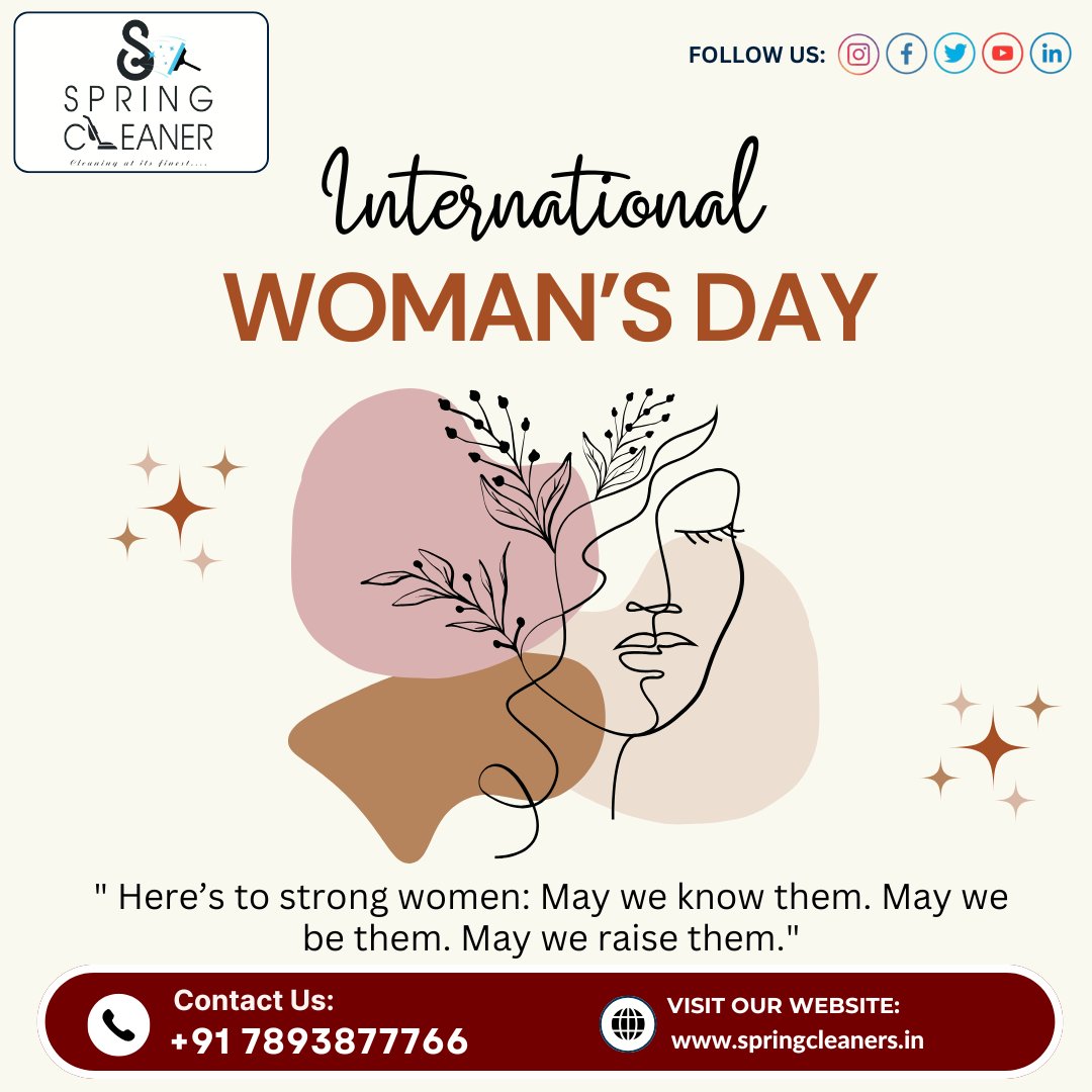 SpringCleanerr's tweet photo. 🌸 Happy International Women's Day! 🌸

"Here’s to strong women: May we know them. May we be them. May we raise them." 💪✨

📞 Contact Us: +91 7893877766
🌍 Visit Us: https://t.co/QinSuYK11C

#InternationalWomensDay #WomensDay #StrongWomen #WomenSupportWomen #SpringCleaner https://t.co/T3gBIK6Aqu