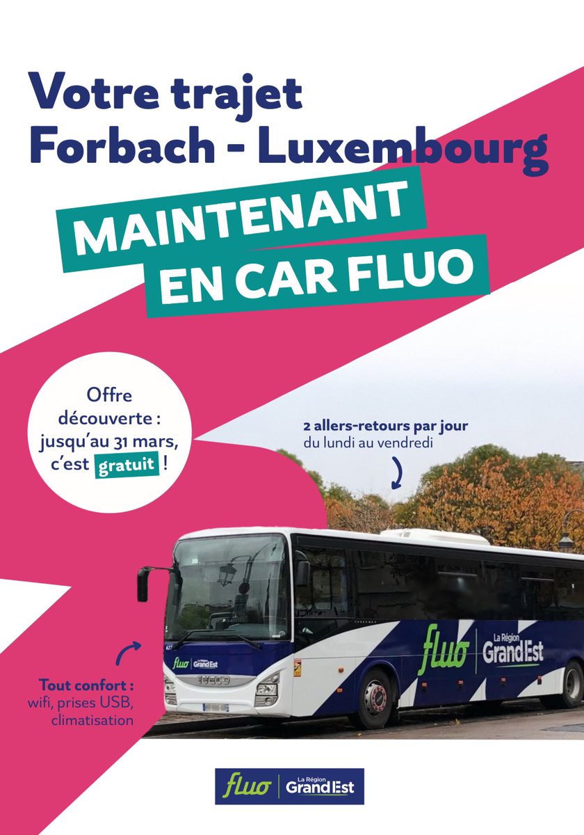 Alexandre Cassaro (@cassaroforbach) on Twitter photo Tout au long du mois de Mars, le Car Express #Forbach - #Luxembourg est totalement gratuit. Une offre découverte lancée par la <a href="/regiongrandest/">Région Grand Est</a>. Un trajet confortable, dans un car premium, et rapide, grâce à un itinéraire dédié. Profitez-en ! Tout au long du mois de Mars, le Car Express #Forbach - #Luxembourg est totalement gratuit. Une offre découverte lancée par la <a href="/regiongrandest/">Région Grand Est</a>. Un trajet confortable, dans un car premium, et rapide, grâce à un itinéraire dédié. Profitez-en !