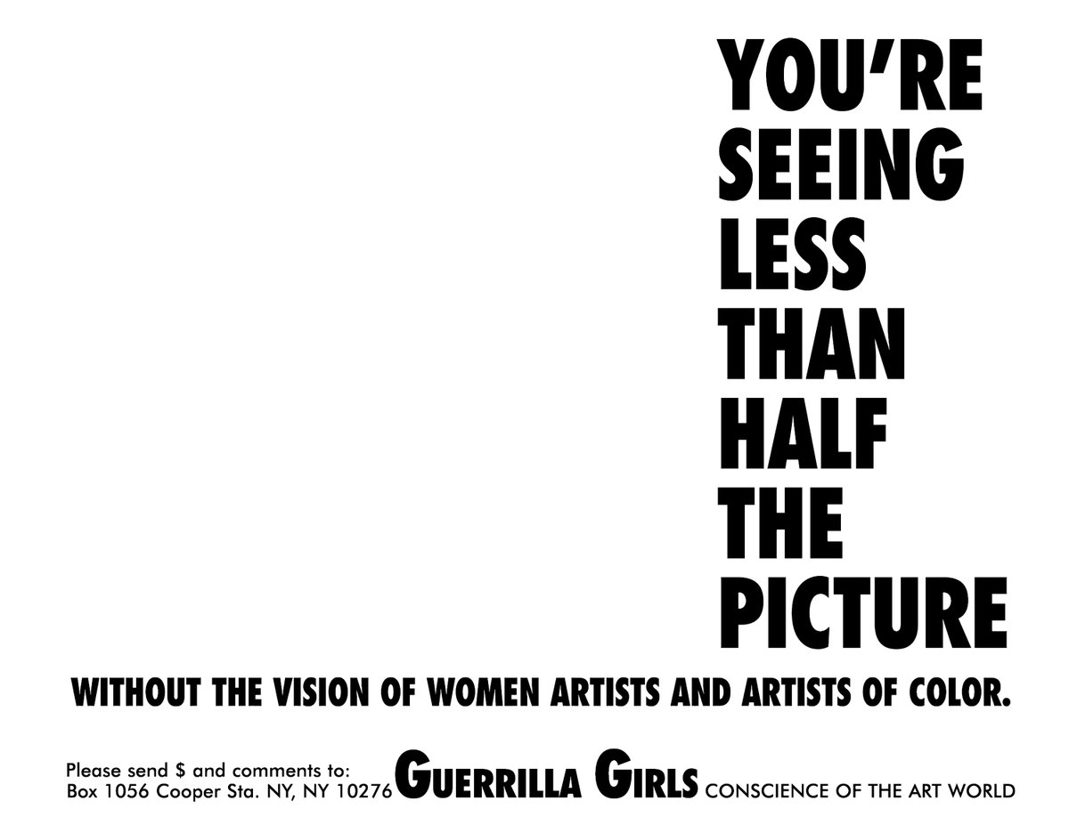 This #IWD2025, we celebrate the Guerrilla Girls — an anonymous activist group committed to fighting inequality and bias in the arts✊

📸: Guerrilla Girls, You’re Seeing Less Than Half The Picture, 1989, © Courtesy guerrillagirls.com

#ArtforGlobalGoals @UnitedNations