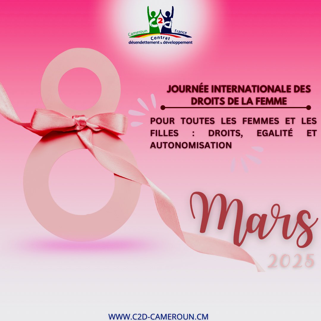 |08 mars | 

Le #C2D Cameroun célèbre l'engagement et les droits de toutes les femmes et les filles. 
Sous le thème "Pour toutes : droits, égalité et autonomisation", nous affirmons notre détermination à construire un monde plus équitable.
Bonne journée à toutes !

#C2DCameroun
