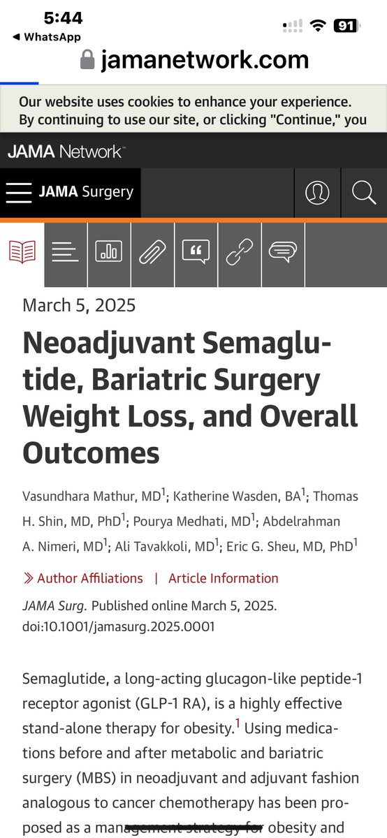 Abdelrahman Ali Nimeri MD FACS FASMBS ABOM FPD MBS (@nimeri_md) on Twitter photo Does a Semaglutide first strategy before MBS lead to more weight loss compared to MBS alone ?
<a href="/egsheu/">Eric Sheu</a> led a research team from
<a href="/BrighamSurgery/">Brigham and Women’s Department of Surgery</a> to study a marched cohort of >350 patients after MBS
👇
<a href="/JAMASurgery/">JAMA Surgery</a>
<a href="/vmathurmd/">Vasundhara Mathur MBBS</a>
<a href="/TomShin_/">Tom Shin, MD PhD</a>
jamanetwork.com/journals/jamas…
Image Does a Semaglutide first strategy before MBS lead to more weight loss compared to MBS alone ?
<a href="/egsheu/">Eric Sheu</a> led a research team from
<a href="/BrighamSurgery/">Brigham and Women’s Department of Surgery</a> to study a marched cohort of >350 patients after MBS
👇
<a href="/JAMASurgery/">JAMA Surgery</a>
<a href="/vmathurmd/">Vasundhara Mathur MBBS</a>
<a href="/TomShin_/">Tom Shin, MD PhD</a>
jamanetwork.com/journals/jamas…
Image