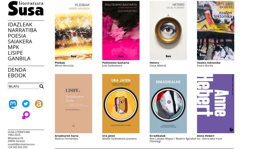Susa literatura argitaletxean #m8 ♀️ horretan klik egin, eta emakumeek idatzitako guztia agertuko zaizu pantailan. Gaur bakarrik ez, egunero... 

susa-literatura.eus/?m=8