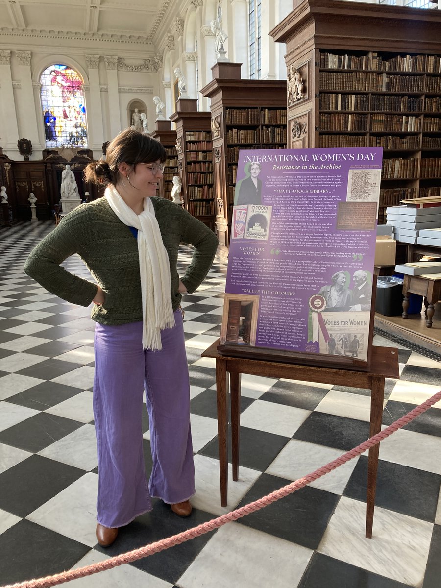 TrinCollLibCam's tweet image. Happy International Women's Day! 💜🤍💚
Here's a sneak peak at our #IWD2025 pop-up exhibition as final touches are added before opening this morning. Library Assistant, Liz, is looking vibrant in her suffragette colours!
We are open 10:30am-12:30pm today. Come and say hello!