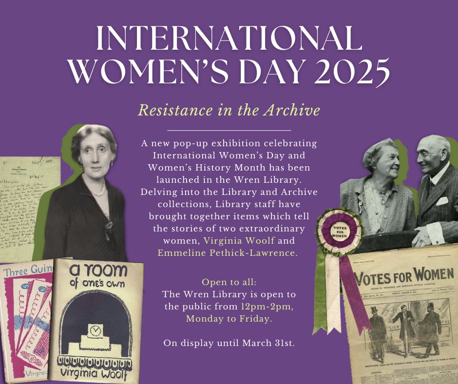 TrinCollLibCam's tweet image. For #IWD2025 and Women's History Month, a new pop-up exhibition has been installed in the Wren Library exploring 'Resistance in the Archive'.
Items hand-picked from the Trinity Library and Archive tell the stories of Virginia Woolf and suffragette, Emmeline Pethick-Lawrence.