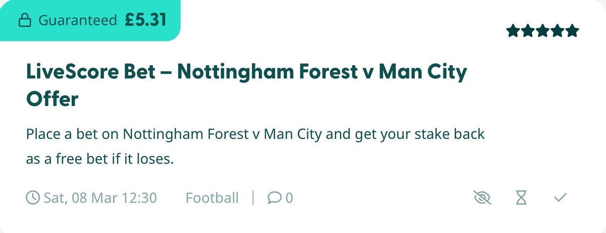 MatchedBets's tweet image. Make £5.31 profit with this LiveScore Bet offer on Nottingham Forest v Man City today! #FORMCI

SEE HOW: matchedbettingblog.com/football/lives…