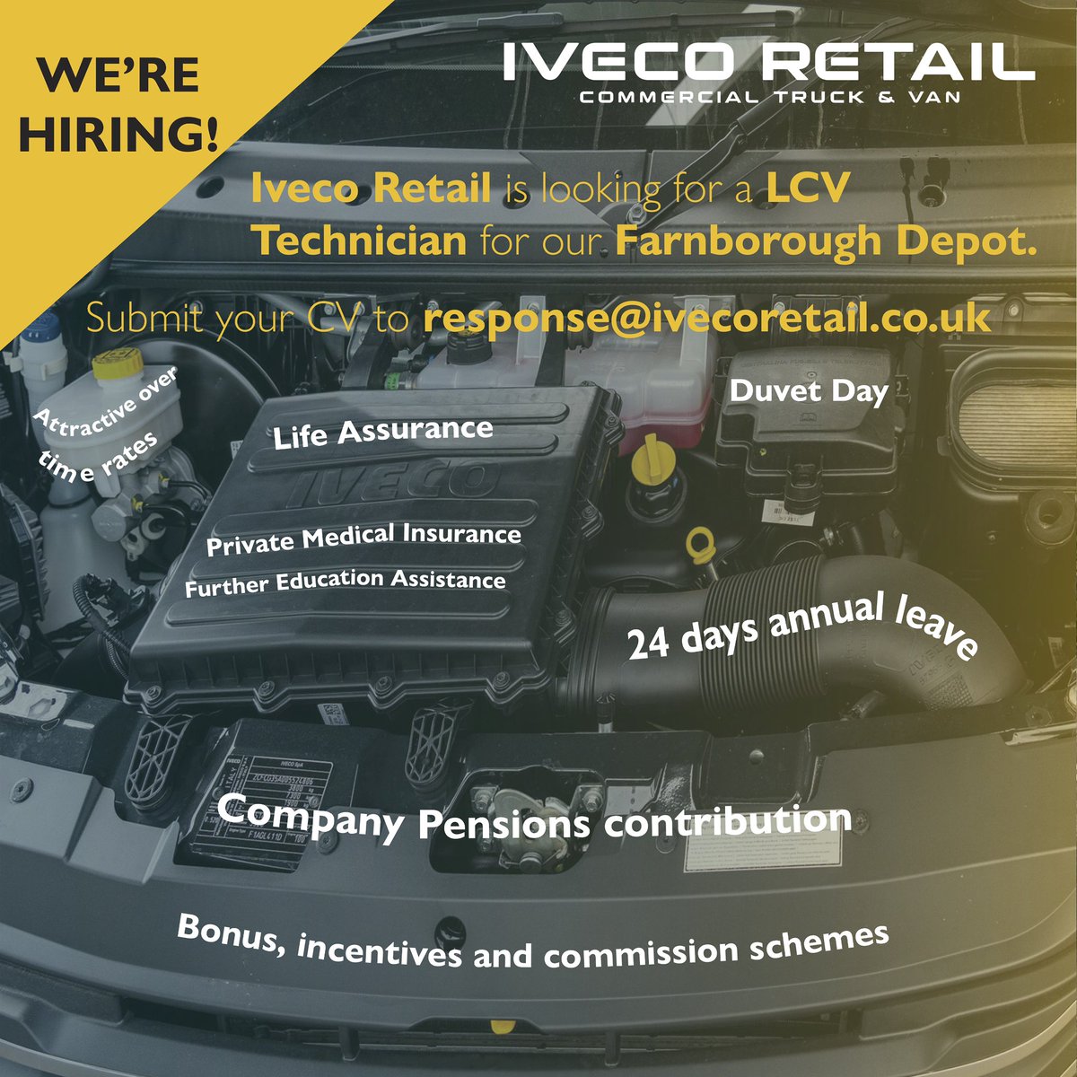 🚨 WE’RE HIRING! 🚨

Iveco Retail is looking for a Light Commercial Vehicle (LCV) Technician to join our Farnborough Depot! 🛠️

If you’re ready to take the next step in your career, send your CV to response@ivecoretail.co.uk today! 📩

#IvecoRetail #Hiring