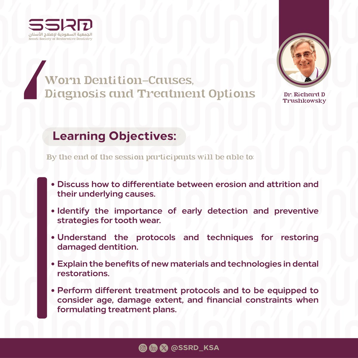 📣📣📣
محاضرة جديدة مميزة!

يسعدنا دعوتكم لحضور محاضرة بعنوان:
Worn Dentition - Causes, Diagnosis and Treatment Options

📅 15 مارس 2025
⏰ 9:00 - 10:00 مساءً 🇸🇦
📍برنامج زووم

التسجيل مجاني!
شهادات الحضور لأعضاء الجمعية فقط!

🔗للتسجيل قم بمسح الكود أو اضغط على الرابط التالي: