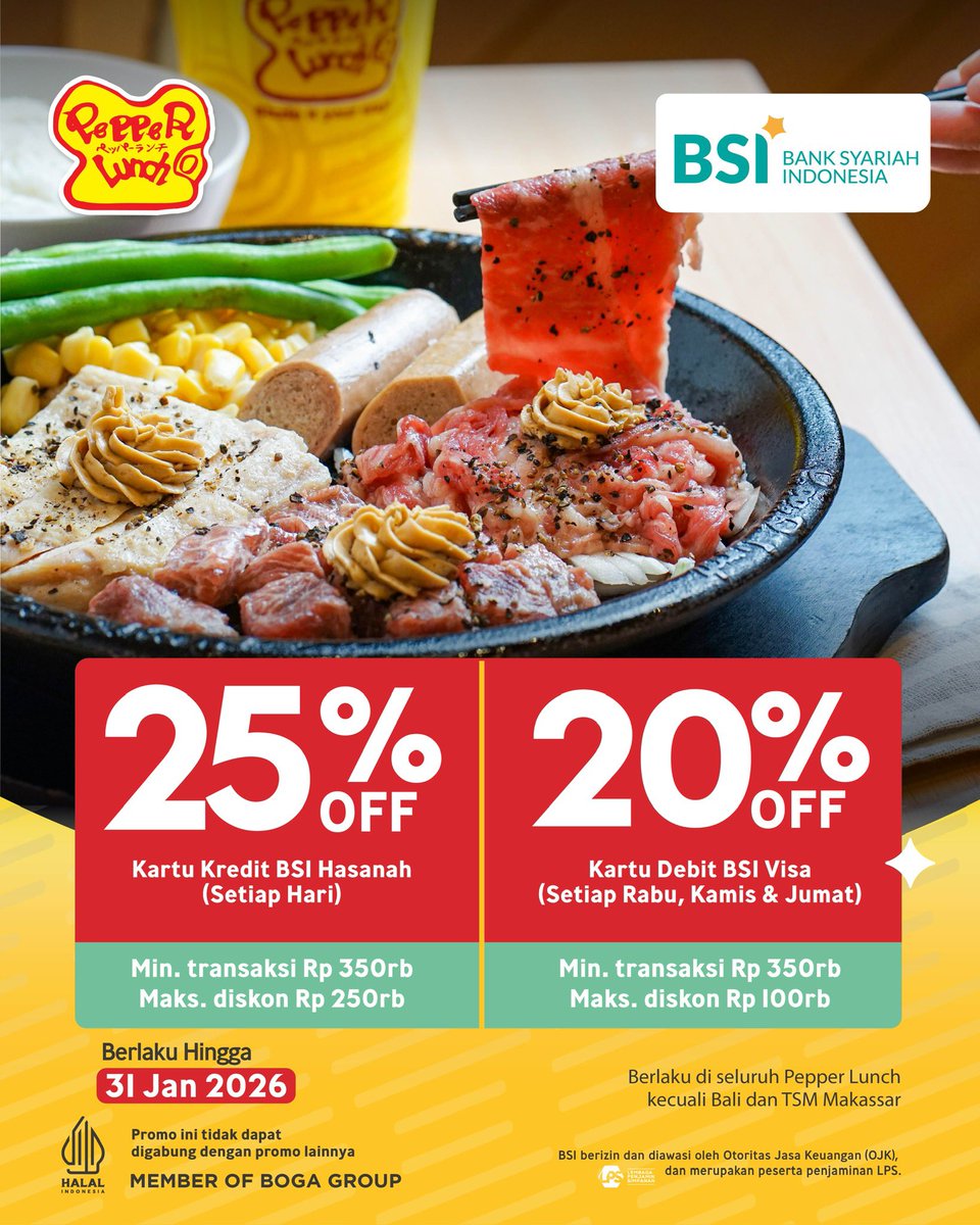PepperLunchID's tweet image. Makan Pepper Rice atau Steak Hot Plate buat Menu Bukber Jadi HEMAT Pakai Ini! 👆🏻

Tinggal pilih bank yang mana, untungnya banyak semua! 🥰

Yuk, ke Pepper Lunch terdekat!

#Promoterbarupepperlunch #Promobank #SteakhotplateJepang