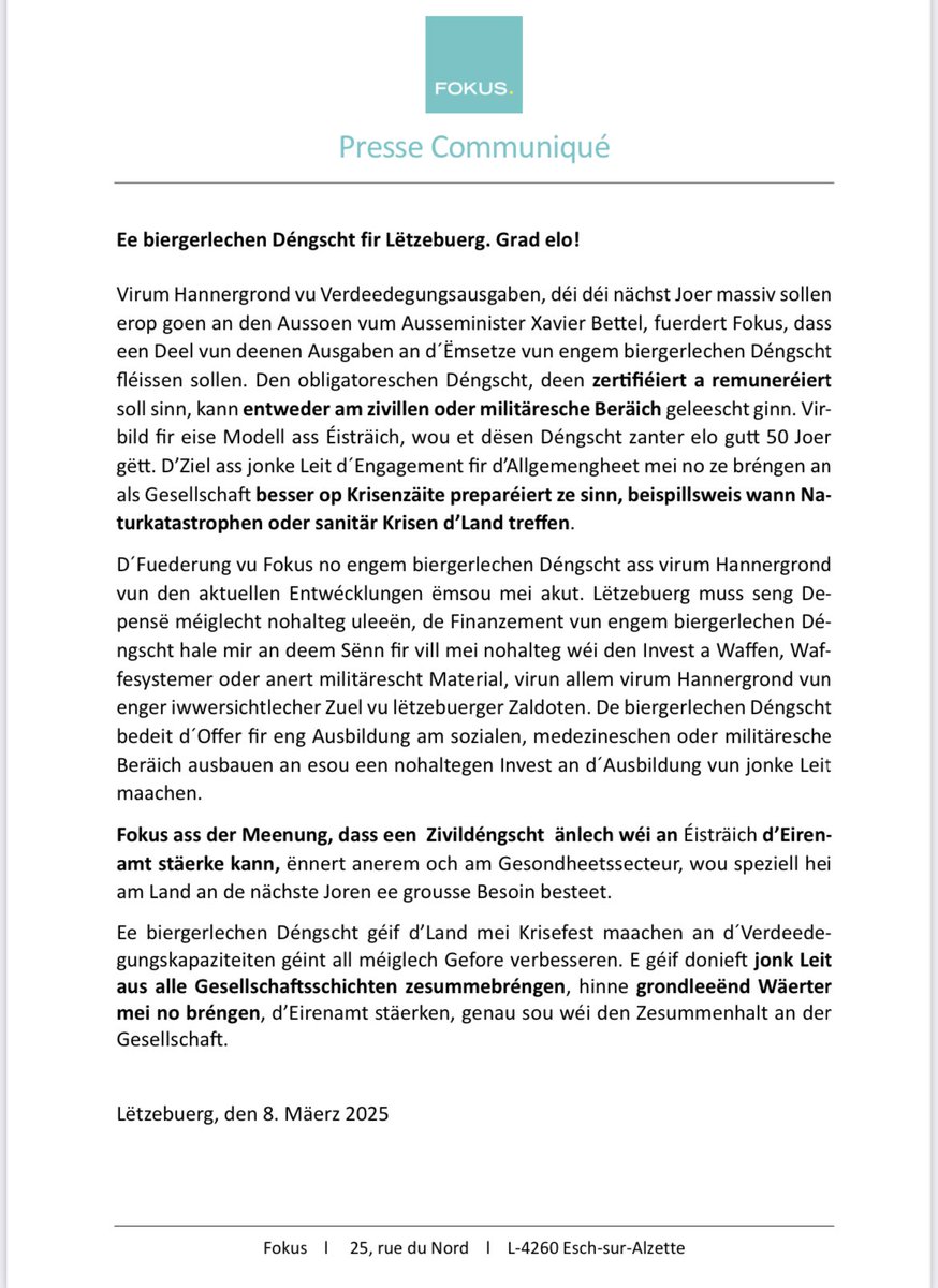 Biergerlechen Déngscht: Invest an d'Ausbildung-eischter wéi an Waffen! <a href="/FokusLetzebuerg/">Fokus</a>