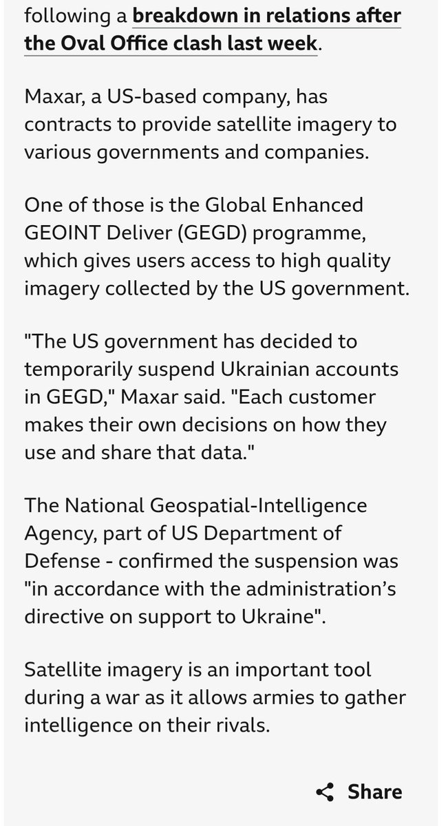 The US government confirms to BBC Verify that it has suspended Ukraine's access to satellite image intelligence it gathers 👇