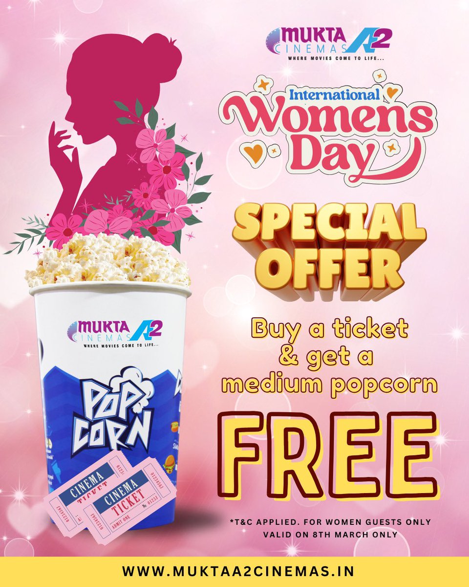 MuktaA2Cinemas's tweet photo. Celebrate Women’s Day with a special treat at Mukta A2 Cinemas. Buy a movie ticket and get a medium popcorn free. Offer valid for women guests only on 8th March. Book your tickets now.
#MuktaA2Cinemas #WomensDaySpecial #FreePopcorn #MovieTime #CelebrateHer https://t.co/2stwhWVIyA