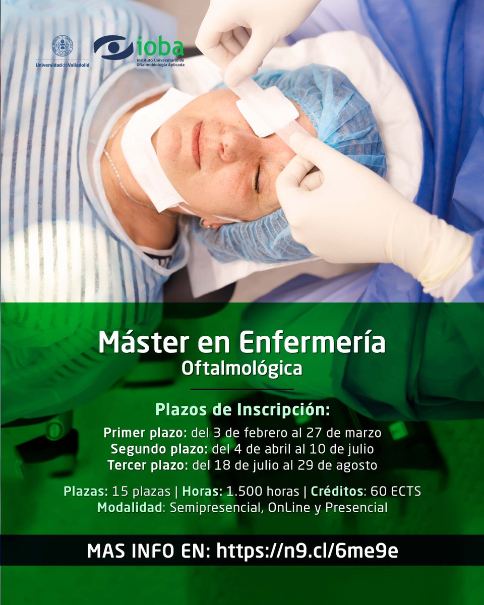 Ya puede hacer tu preinscripción para nuestro #Máster en #EnfermeríaOftalmológica, especializado en formar a personal enfermero de calidad para desempeñar labores oftalmológicas de alto nivel. 
ℹ️ Más info: n9.cl/6me9e
#IOBA #Uva #Formación