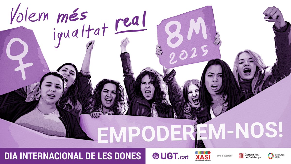 ugtcatalunya's tweet photo. 📢 Volem més igualtat real! 

Aquest #8M sortim al carrer per denunciar la bretxa salarial, la precarietat i la manca de corresponsabilitat. El feminisme no es negocia, es defensa! 💜✊

📍 Ens veiem a les mobilitzacions! 👉 https://t.co/fG1C30lsO0 https://t.co/tSurdfvikq