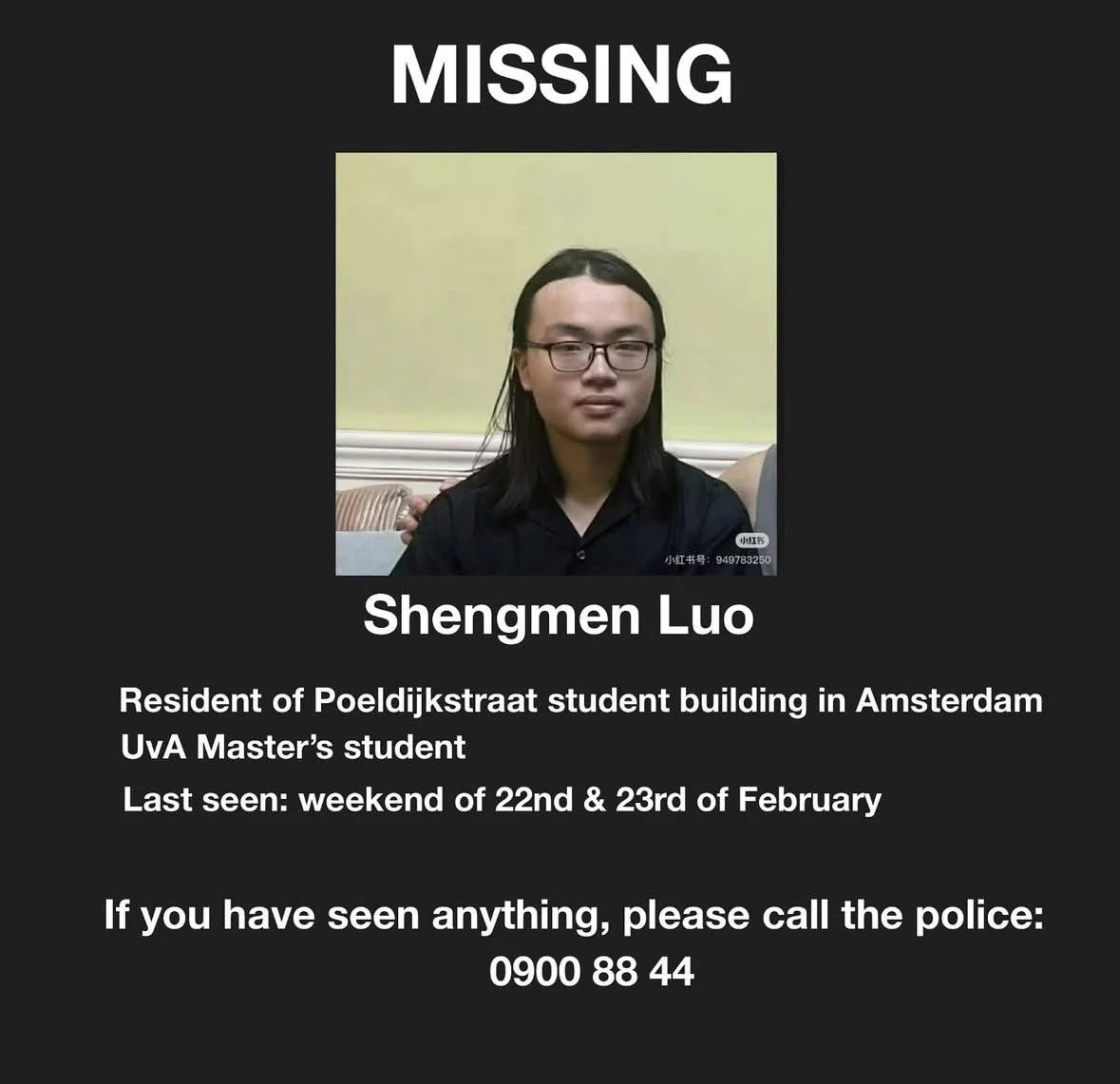 manyapan's tweet photo. 🚨 MISSING. International UvA student Shengmen Luo 罗盛门 (Institute for Logic, Language and Computation, previously studied at Tsinghua) has been missing since Feb 22-23. The 23-year-old MA student was last seen at his student complex on Poeldijkstraat, Amsterdam. The police and university are working to find any leads. If you have any information, inform Dutch police: 0900 88 44.