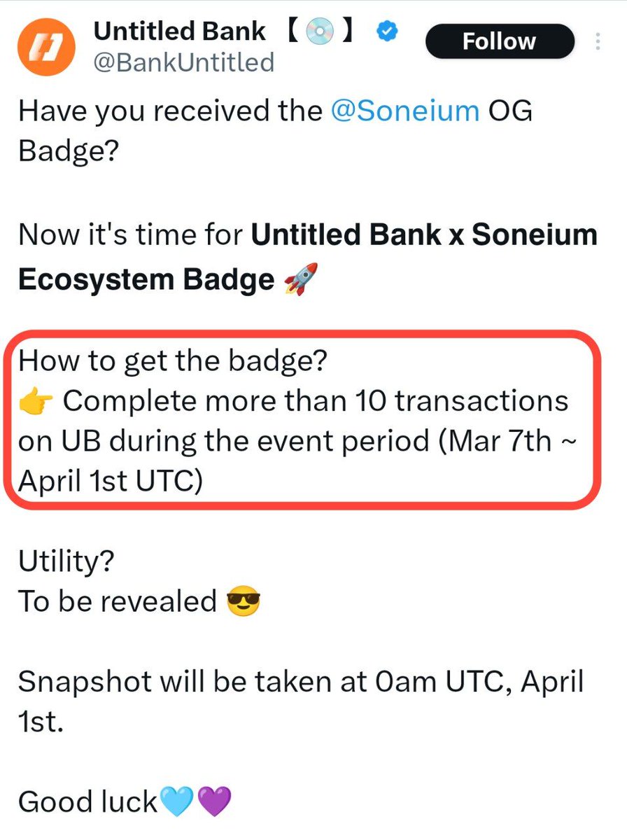 AirdropBoomb's tweet photo. 3️⃣🎖️ Earn Your @BankUntitled Badge! 🚀
🔗 https://t.co/LtpkaIgdbz
🗓️ March 7 - April 1
✅ Task: Complete 10+ transactions on Untitled Bank during the event.
📸 Snapshot: April 1.
Engage & claim your exclusive Soneium Ecosystem Badge! 🏅
#Soneium #Web3 #Crypto #UntitledBank https://t.co/SHCJyZncnh