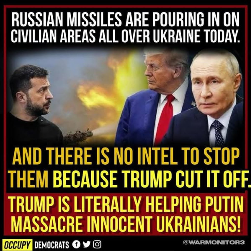 Treason

Russian missiles are pouring in on civilian areas all over Ukraine today. And there is no intel to stop them because TRUMP CUT IT OFF Trump is literally helping Putin massacre innocent Ukrainians!!

#Treason
#TraitorTrump
#TrumpIsARussianAsset
#TrumpIsATraitorAndCriminal